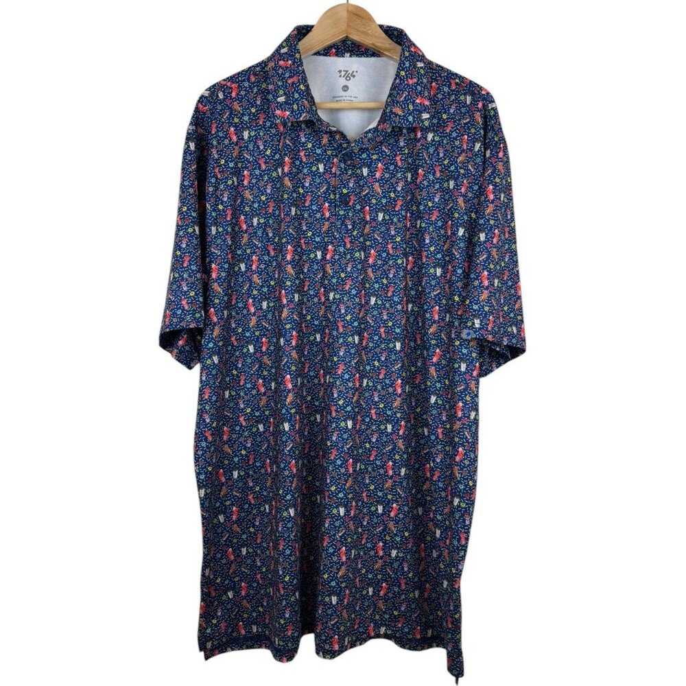 1764 Polo Shirt Mens 2XL Golf Blue Performance All Over‎ Print Coffee Donuts